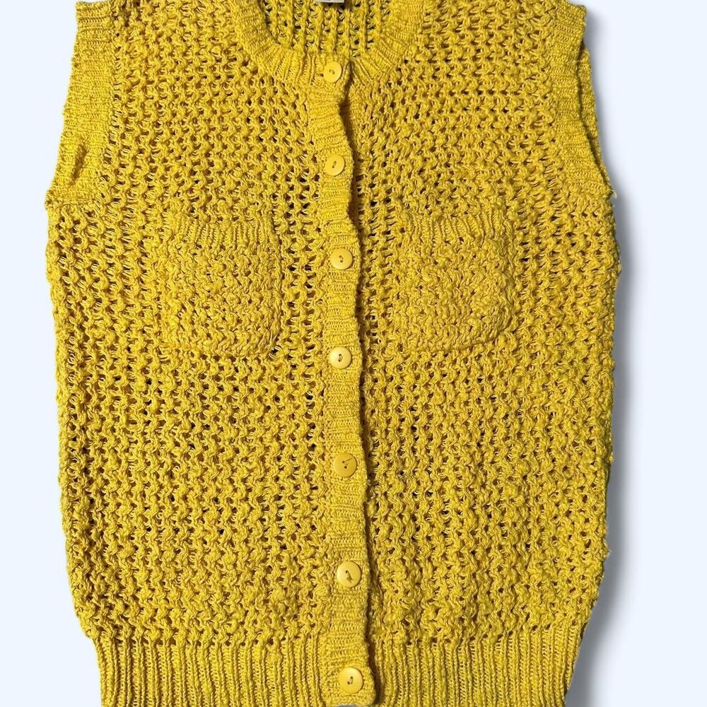 Vintage Penrose Knit Vest - Yellow Open Weave Button-Front - Size M